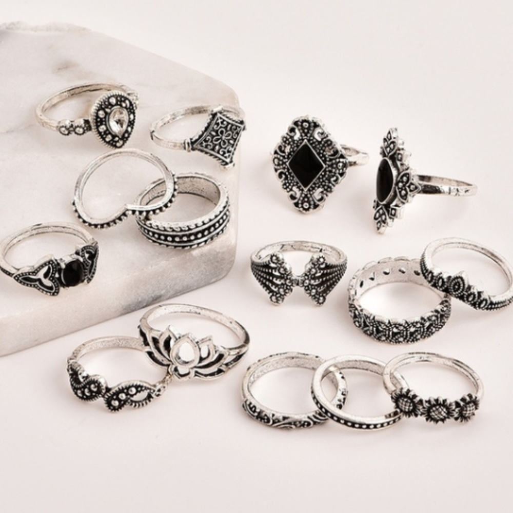 3 for $20  Set of 15 Silver Black Mixed Rings Set - Picture 2 of 3